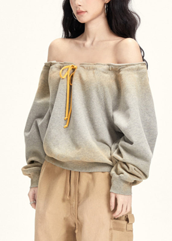 Grey Slash Neck Drawstring T Shirt Fall