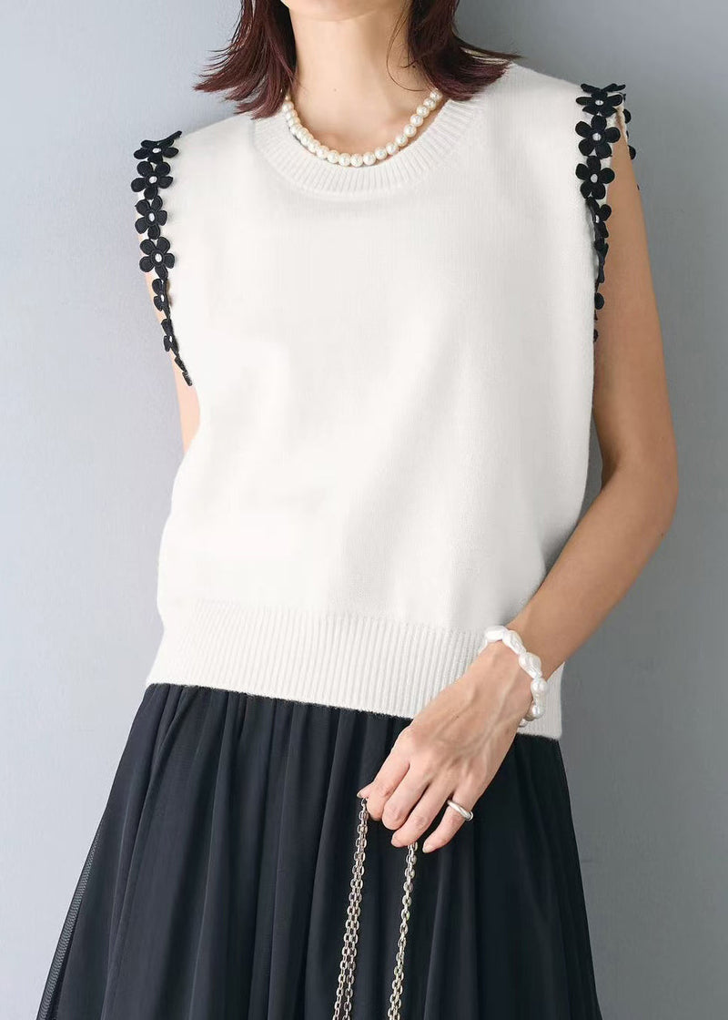 White Patchwork Flower Knit Beach Vest Sleeveless