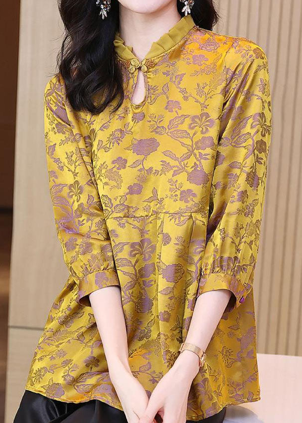 Gold Ruffled Patchwork Jacquard Silk Top Summer