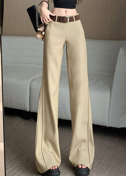 Khaki Pockets Patchwork High Waist Wide Leg Pants Spring