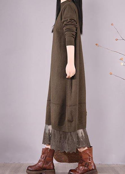 Diy O Neck Patchwork Lace Spring Tunics Linen Chocolate a Line Dress