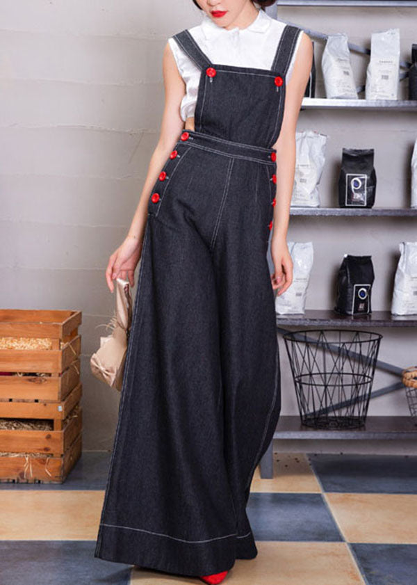 Navy Button Denim Strap Wide Leg Jumpsuit Fall