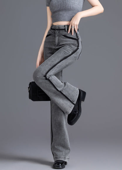 Grey Silm Fit Patchwork Denim Bell-bottom Trousers Spring