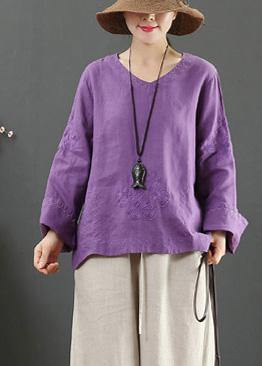 Art V Neck Embroidery Spring Purple Blouse