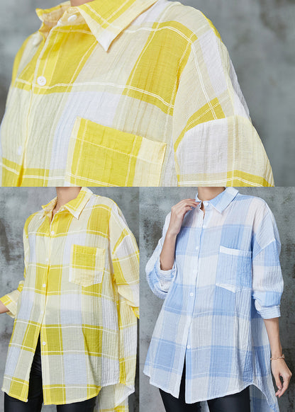 Blue Plaid Cotton Upf 50+ Blouse Top Oversized Spring