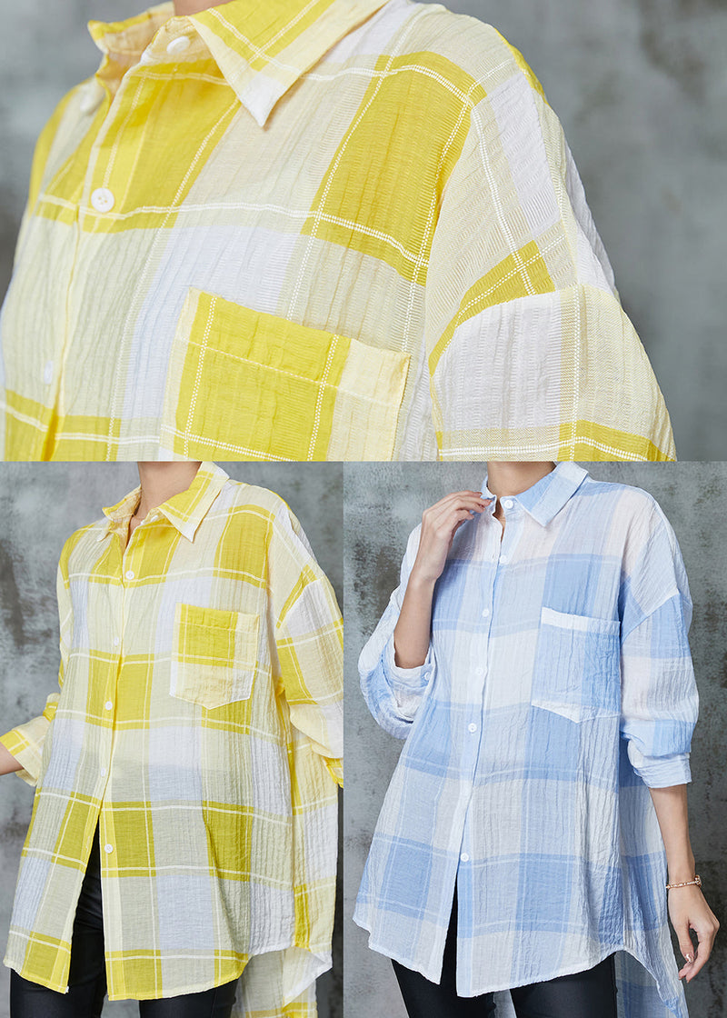 Blue Plaid Cotton Upf 50+ Blouse Top Oversized Spring