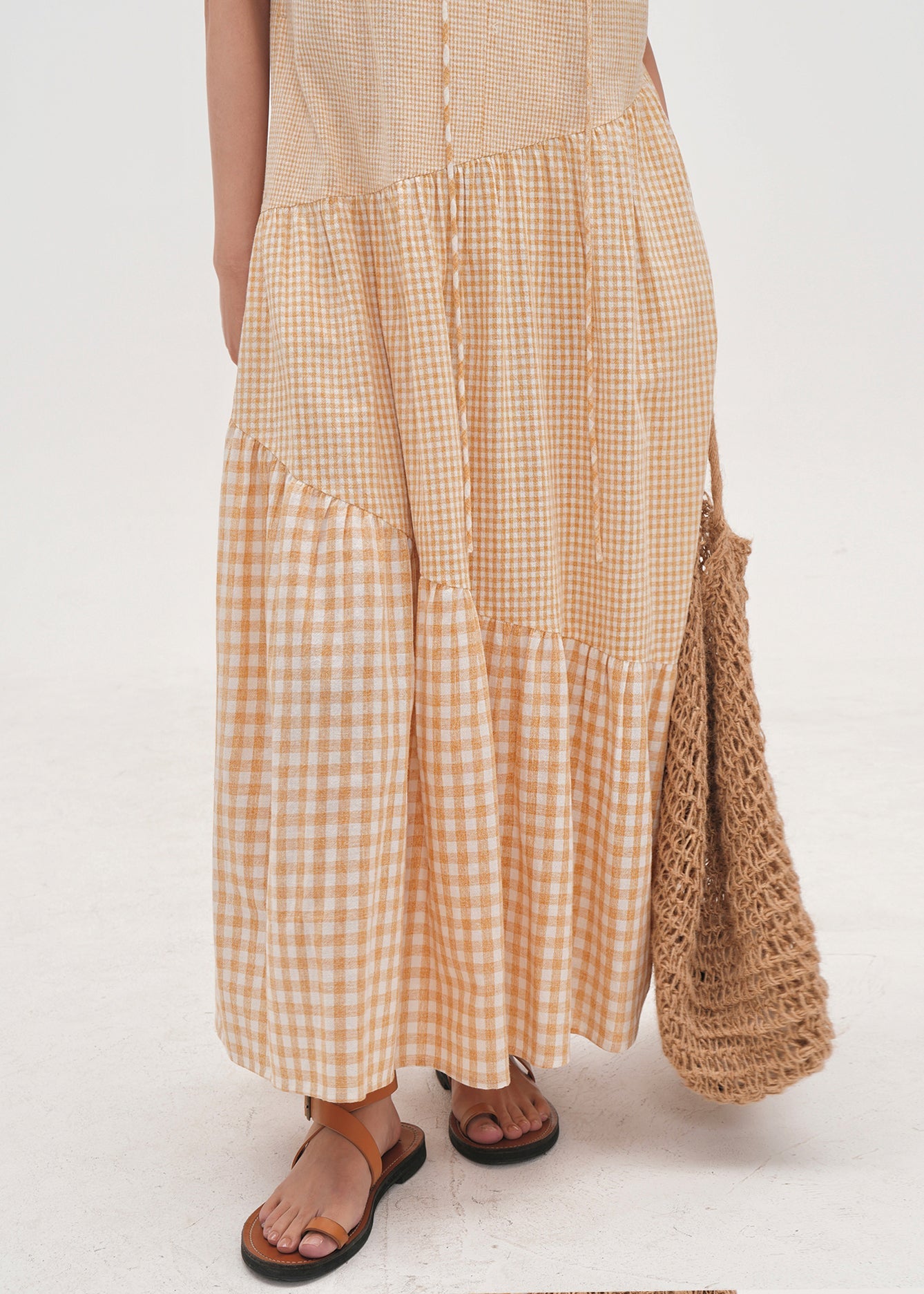 Beige Oversized Patchwork Plaid Cotton Dresses Summer