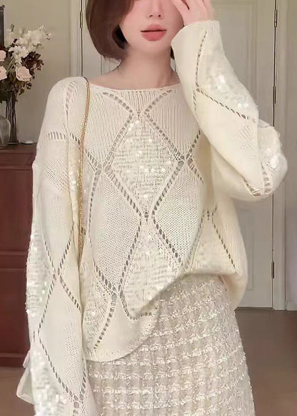 Apricot O Neck Hollow Out Sequins Knit Sweater Fall