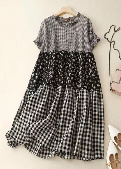 Diy Plaid Ruffled Print Patchwork Cotton Dress Summer