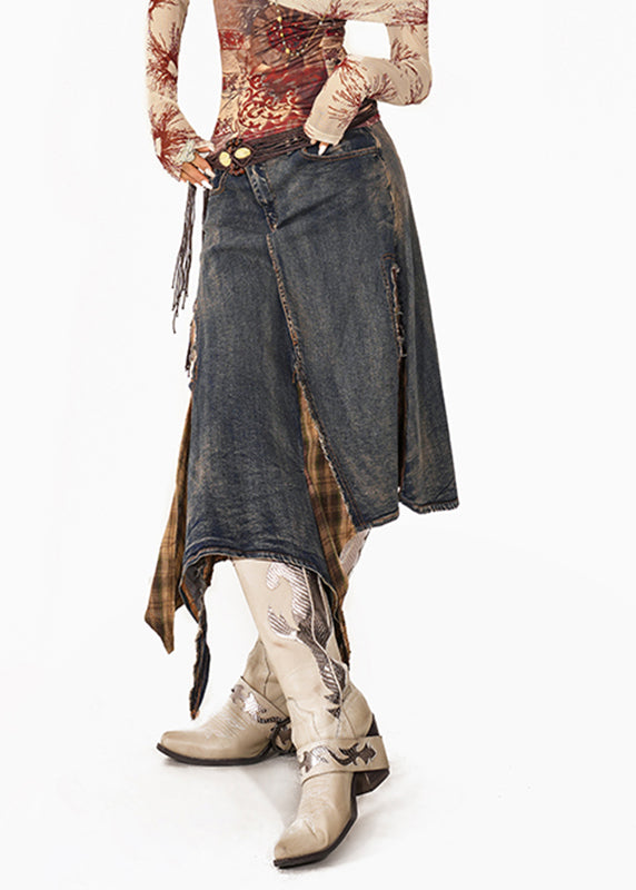 Blue Plaid Patchwork Denim Maxi Skirts