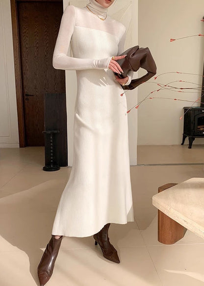 Slim Fit White Turtleneck Knit Long Dress Winter