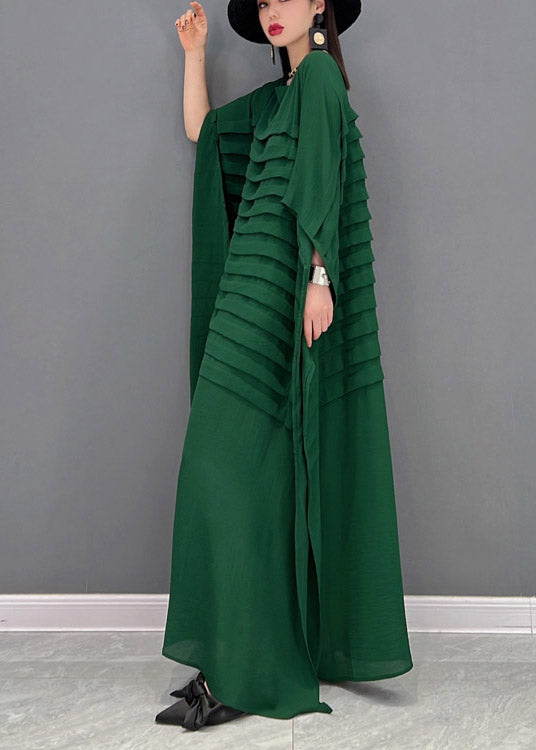 Green O-neck Striped Chiffon Ankle Dress Batwing Sleeve