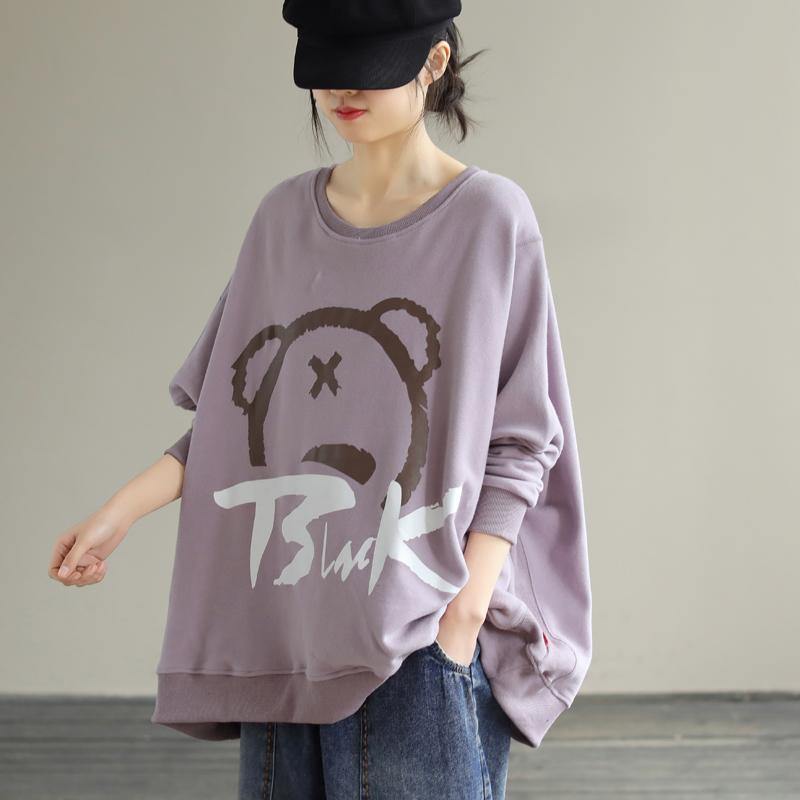 Modern Purple Cartoon Print Cotton Shirts O Neck Loose Spring Shirts