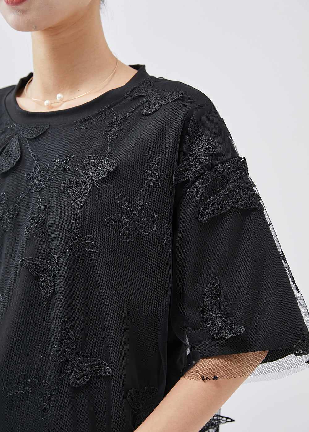 Black Embroideried Butterfly Tulle Tops Summer