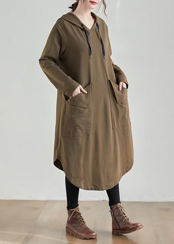 Khaki Hooded Pockets Patchwork Cotton Dress Fall