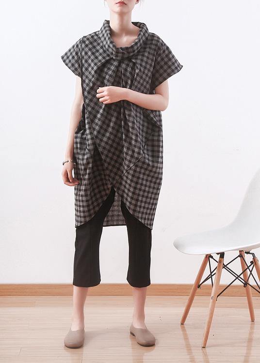 Grey Plaid Turtleneck Asymmetrical Design Summer Blouses