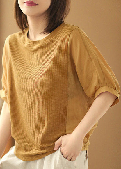 Navy Color O-neck Knit Patchwork Linen Shirt Short Sleeve