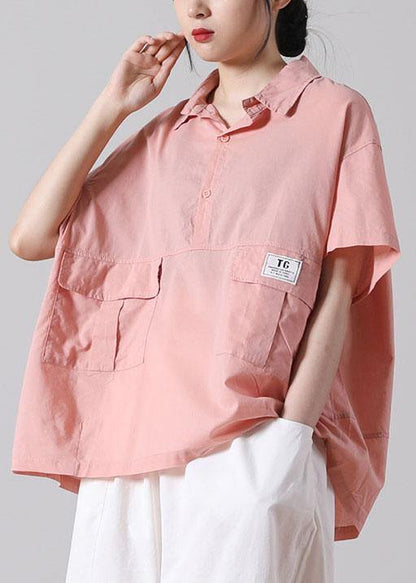 Organic Pink Low High Design Cotton Short Sleeve Blouses