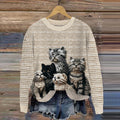Comstylish Women's Vintage Cute Cats Look Art Cozy Sweater