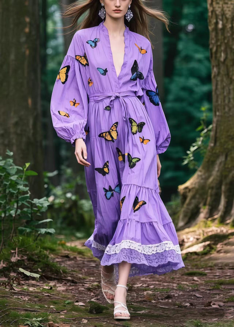 Lavender Tie Waist Butterfly Cotton Vacation Dress Spring