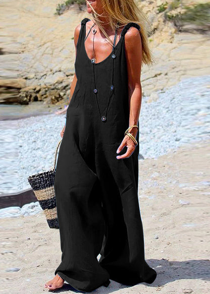 Female Navy Blue Sleeveless Wide Leg Side Button Jumpsuit