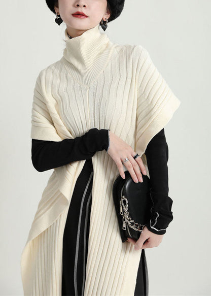 Beige Turtle Neck Side Open Knit Pullover Cloak Sleeves