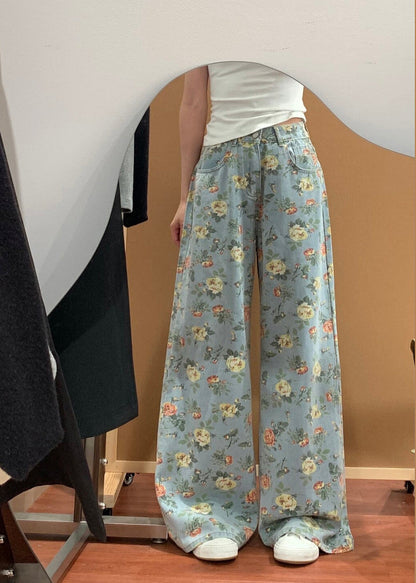 Blue Flower Print Denim Wide Leg Pants Fall