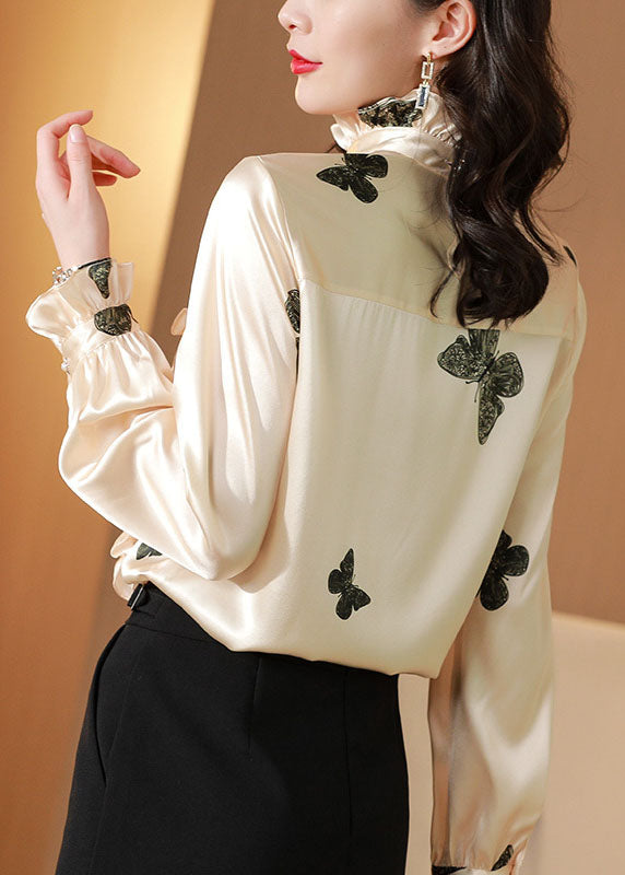 Classy Apricot Stand Collar Button Ruffled Print Silk Top Spring