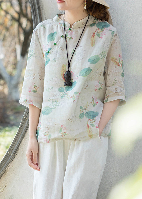 Green Print Stand Collar Button Linen Shirt Half Sleeve