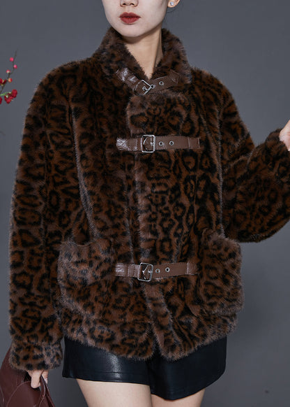 Brown Oversized Leopard Print Mink Velvet Jackets Spring
