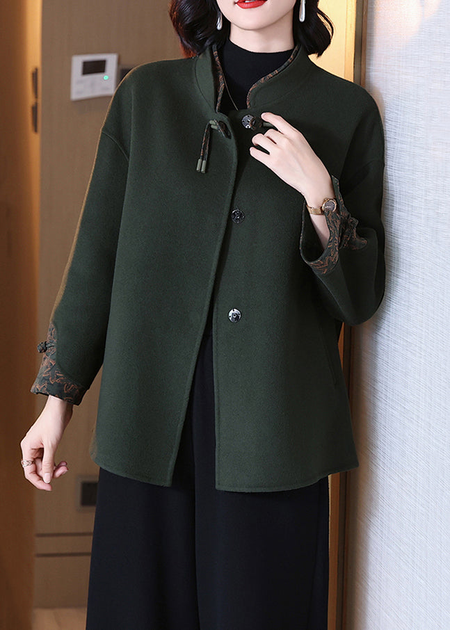 Blackish Green Button Wool Coat Long Sleeve