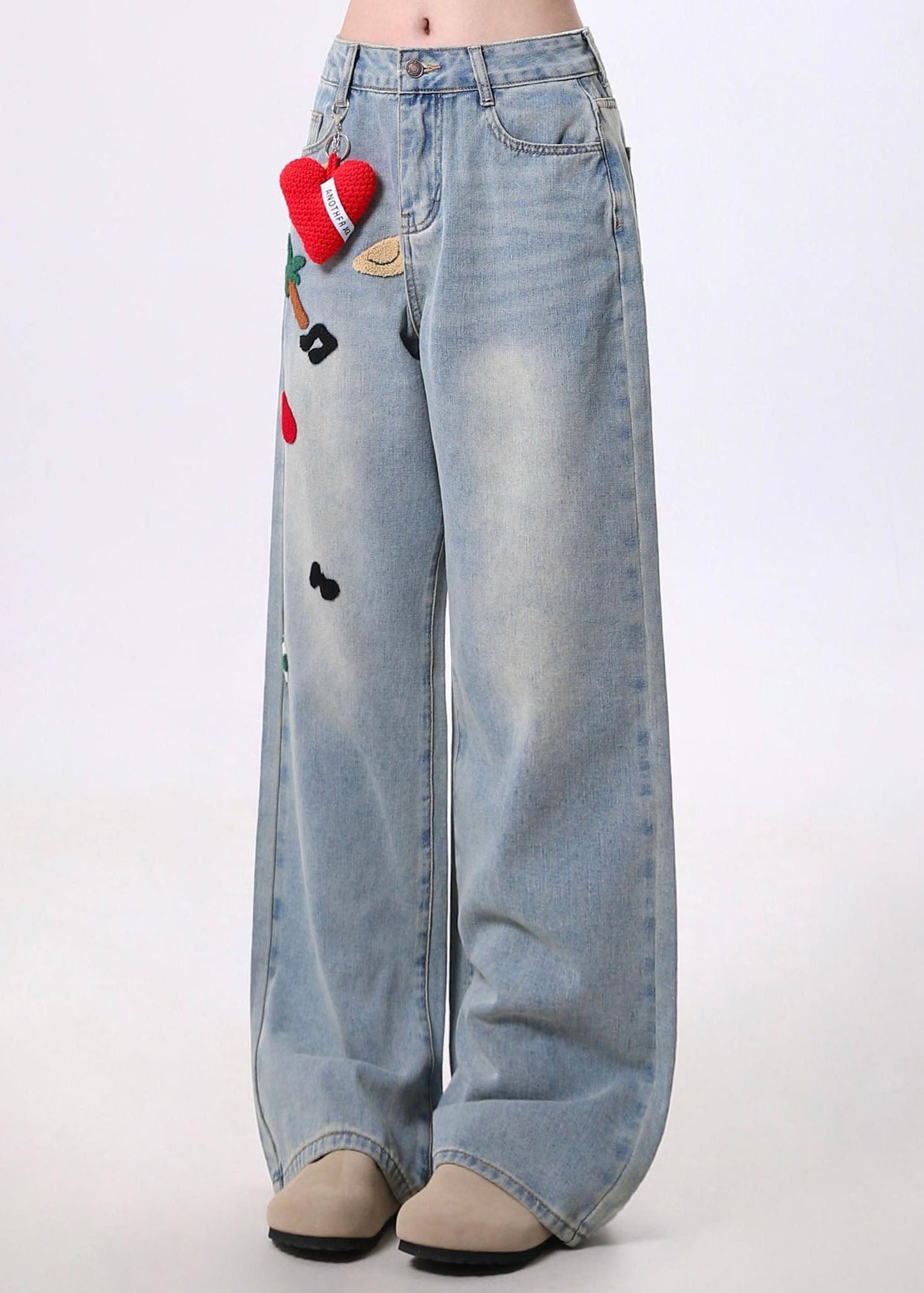 Blue Embroidered Pockets Denim Pants Spring