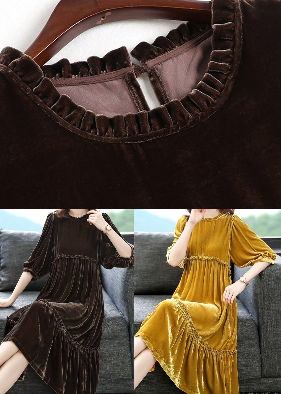 Yellow Wrinkled Velour Dress Half Sleeve Spring