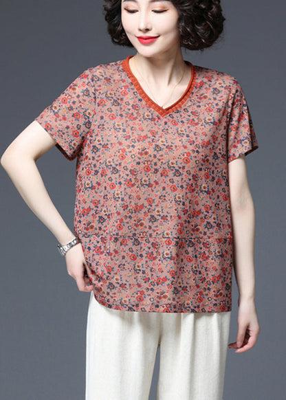 Orange V Neck Print Patchwork Tank Tops Short Sleeve