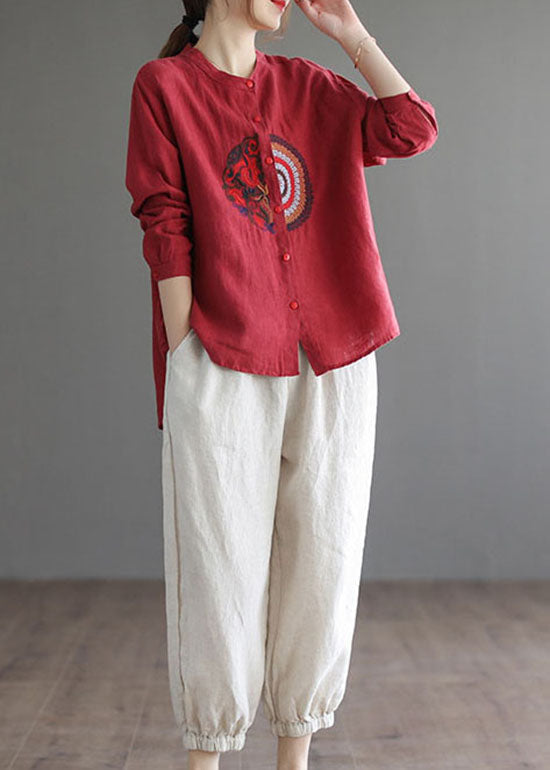 Stylish Red O-neck Button Linen Blouses Top Long Sleeve