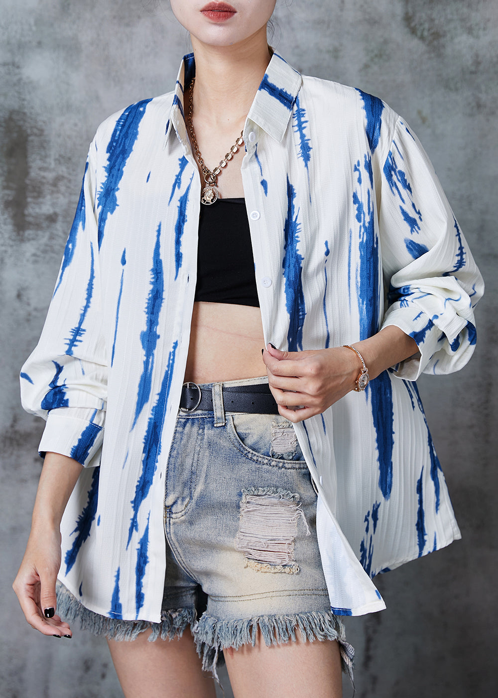 Diy Blue Tie Dye Wrinkled Cotton Shirts Summer