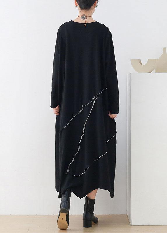 Natural Black O-neck Patchwork Fall Knit Dress Long Sleeve