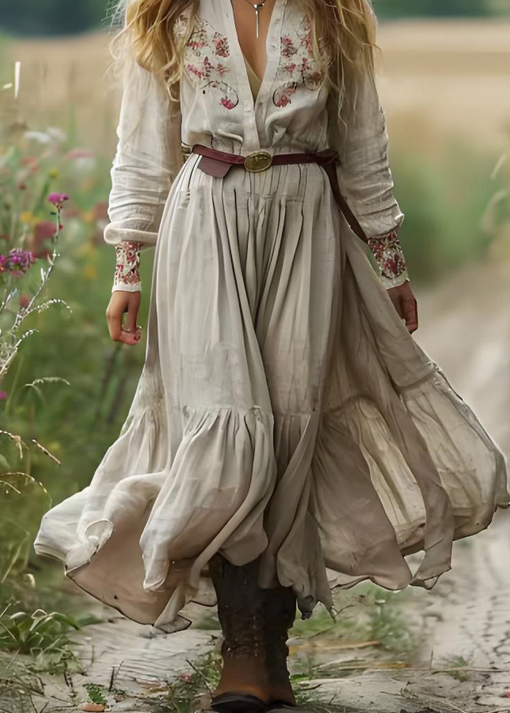 Beige V Neck Print Patchwork Cotton Long Dress Spring