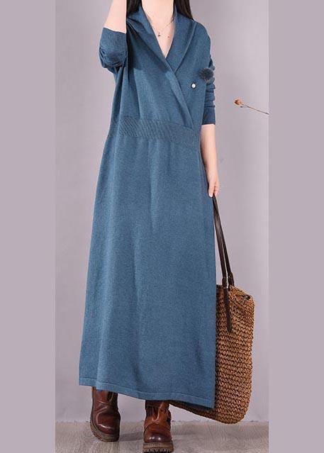 Loose V Neck Asymmetric Spring Quilting Clothes Work Blue Robes Dresses