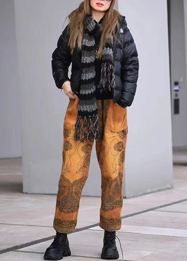 Yellow Pockets Print Elastic Waist Corduroy Pants Spring