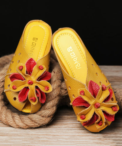 Yellow Flower Hollow Out Cowhide Leather Flip Flops