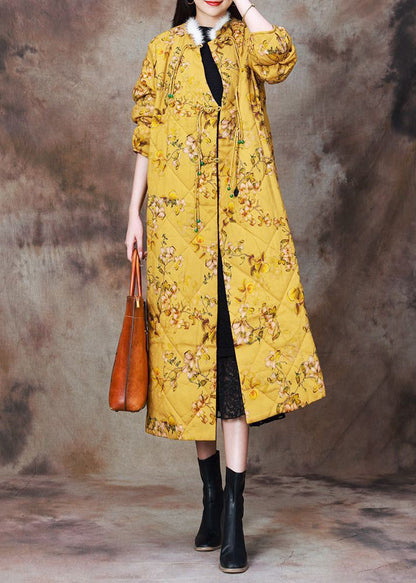 Yellow Chinese Button Print Cotton Filled Coat Long Sleeve