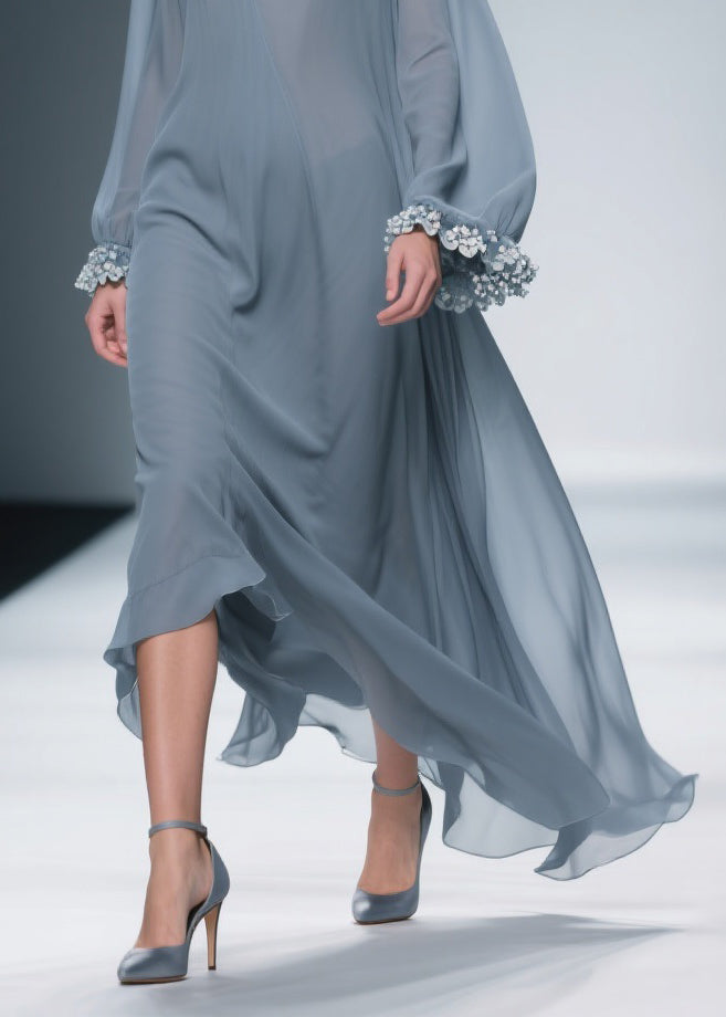 Haze Blue Chiffon Maxi Dresses