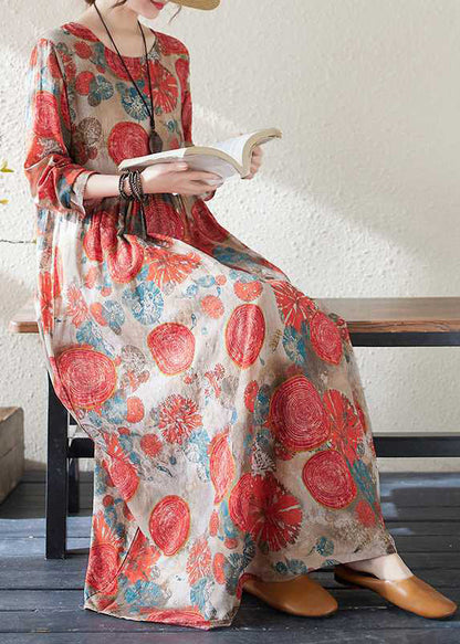 Handmade Red O-neck Print Wrinkled Holiday Dress Spring