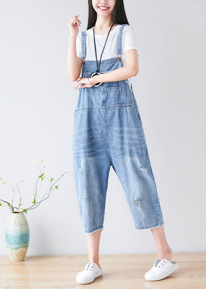 Light Blue Hole Pockets Cowboy Jumpsuits Spring