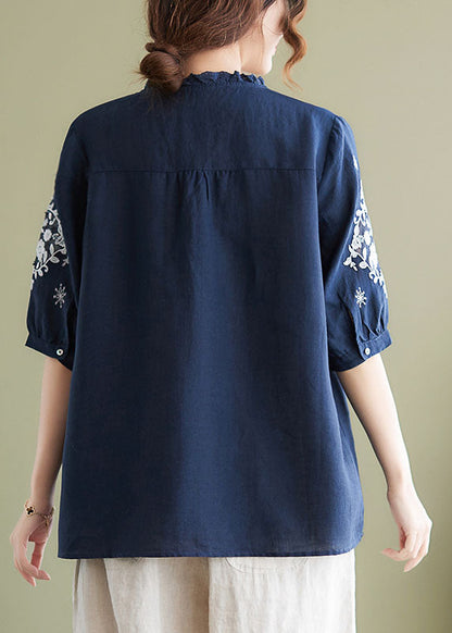 Navy Embroideried Patchwork Wrinkled Linen Shirts Summer