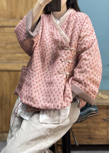 Pink Print Button Pockets Cotton Filled Coat Winter
