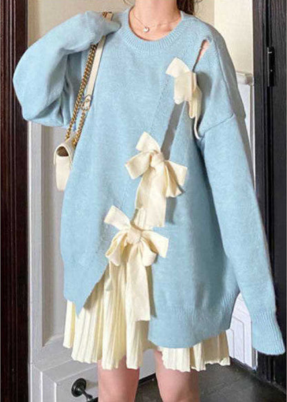 Boutique Blue Bow Patchwork Fall Knit Sweaters
