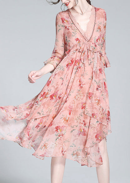 Pink V Neck Print Tie Waist Silk Long Dresses Spring