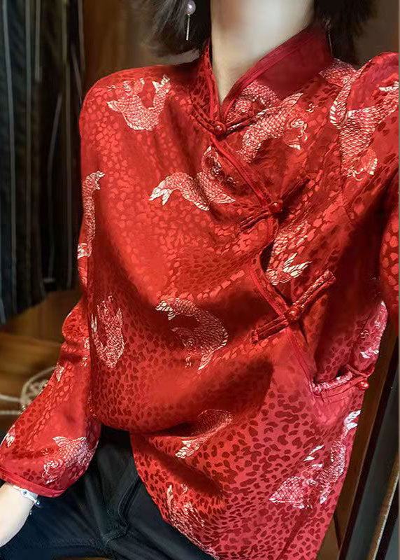 French Red Stand Collar Button Print Chiffon Blouse Tops Spring